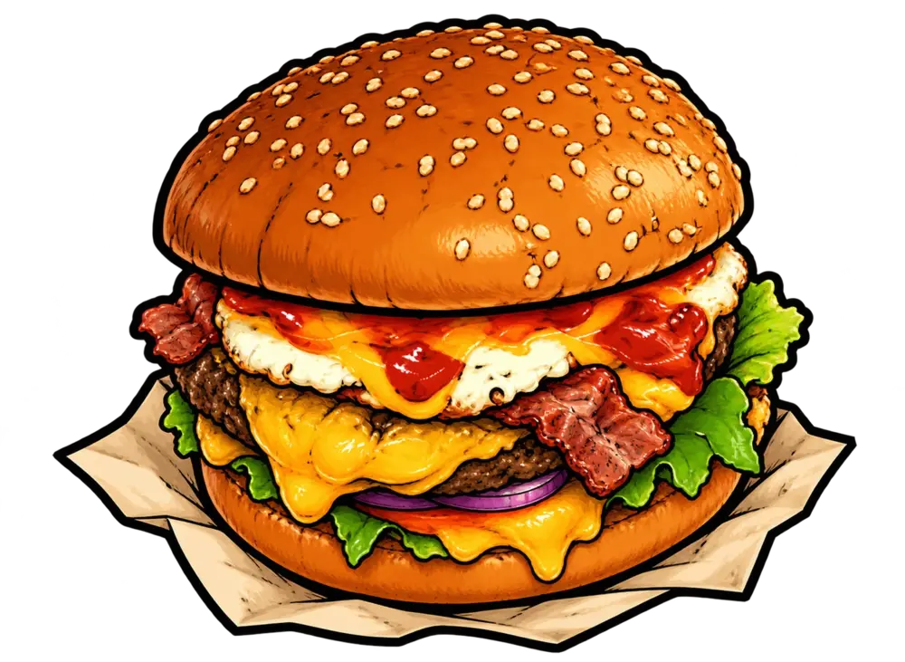 Illustratie van een cheeseburger met spek, ei en sla