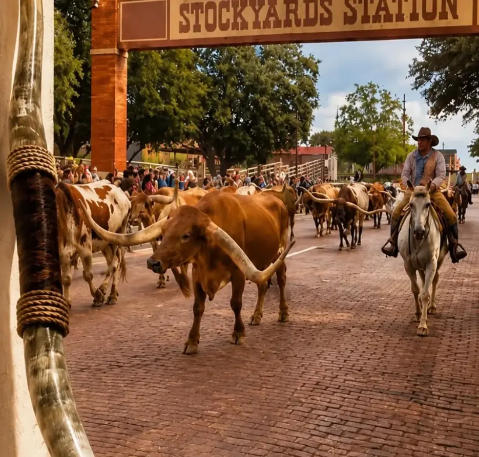 Cowboys drijven Longhorn-vee door de straten van de Fort Worth Stockyards